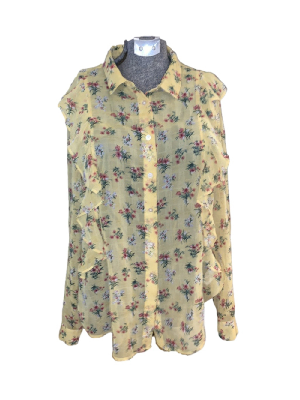 Women's RW & CO. Yellow Floral Ruffle Blouse L